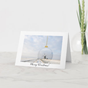 Carte de Noël pliée avec boule de verre et moulin 