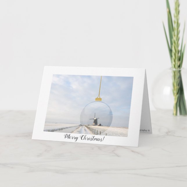 Carte de Noël pliée avec boule de verre et moulin  (Devant)