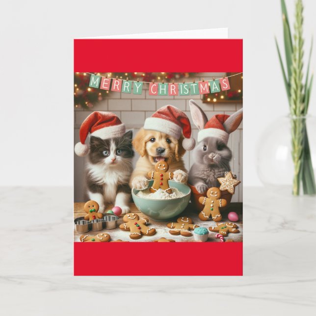 Carte de Noël pliée avec chien, chat, lapin #3 (Devant)