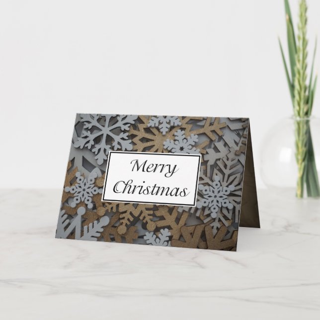 Carte de Noël pliée blanc et doré flocon de neige  (Devant)