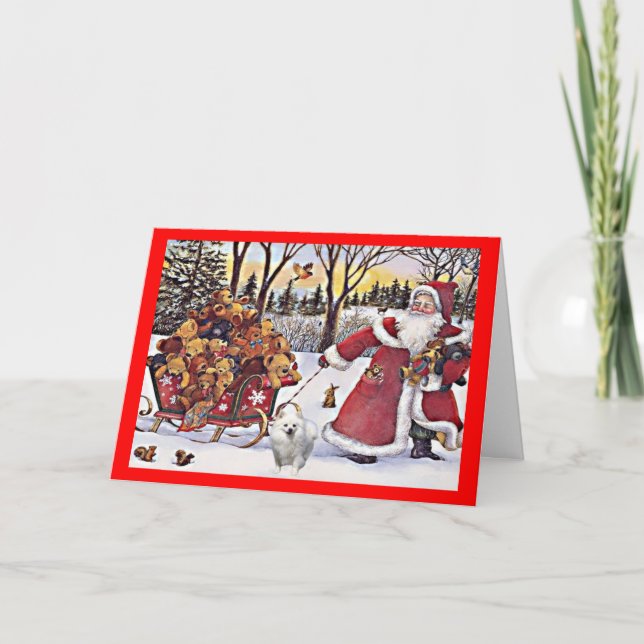 Carte de Noël Poméranie Père Noël et ours (Devant)