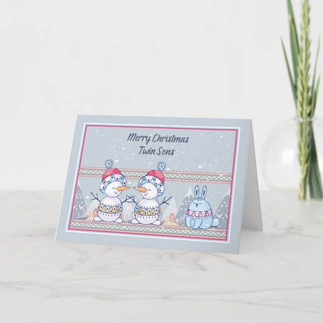 Carte de Noël pour jeunes fils jumeaux avec neigeu (Devant)