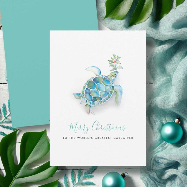 Carte de Noël pour soignant de tortue de mer à l'a (Beach Christmas cards watercolor sea turtle art by Victoria Grigaliunas of Do Tell A Belle)