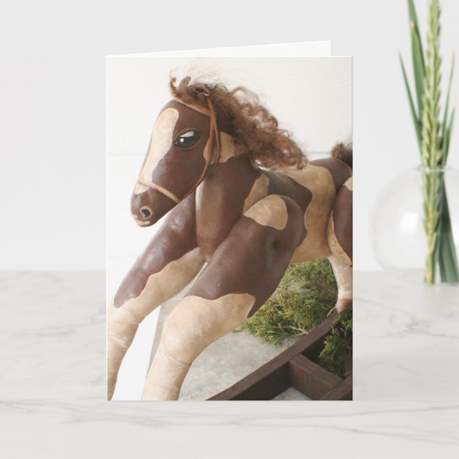 Carte de Noël primitive d'art populaire - cheval (Devant)