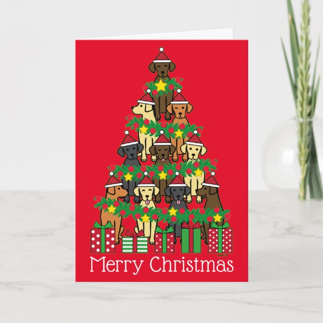 Carte de Noël Quatre Labradors Arbre de Noël Rouge (Devant)
