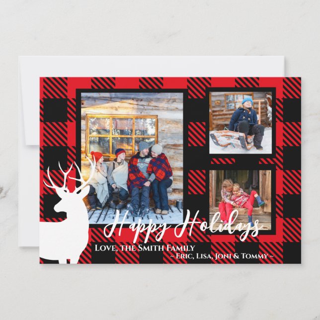Carte de Noël Red Plaid White Deer sur mesure (Devant)
