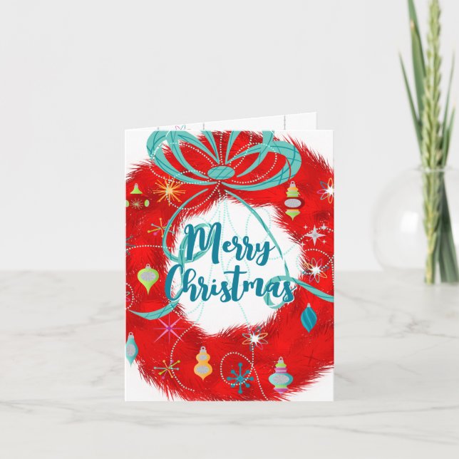 Carte de Noël Rétro Couronne Rouge (Devant)