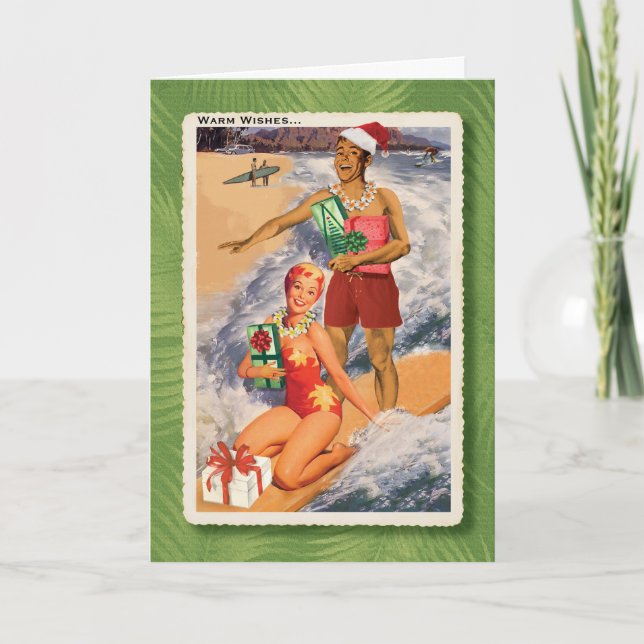 Carte de Noël rétro pour les surfeurs heureux (Devant)