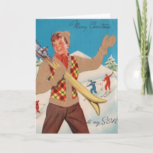 Carte de Noël Retro Ski pour Son (Devant)