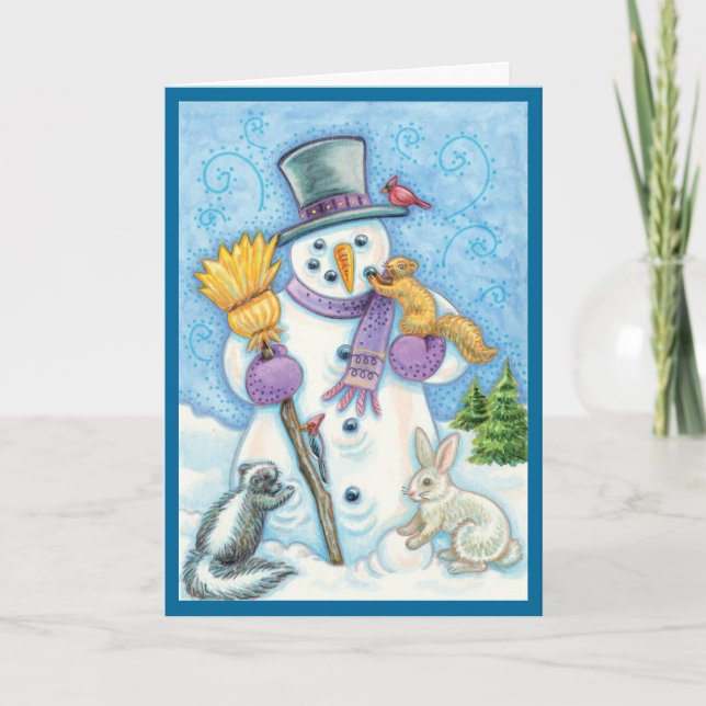 Carte de Noël rétro Snowman and Friends (Devant)