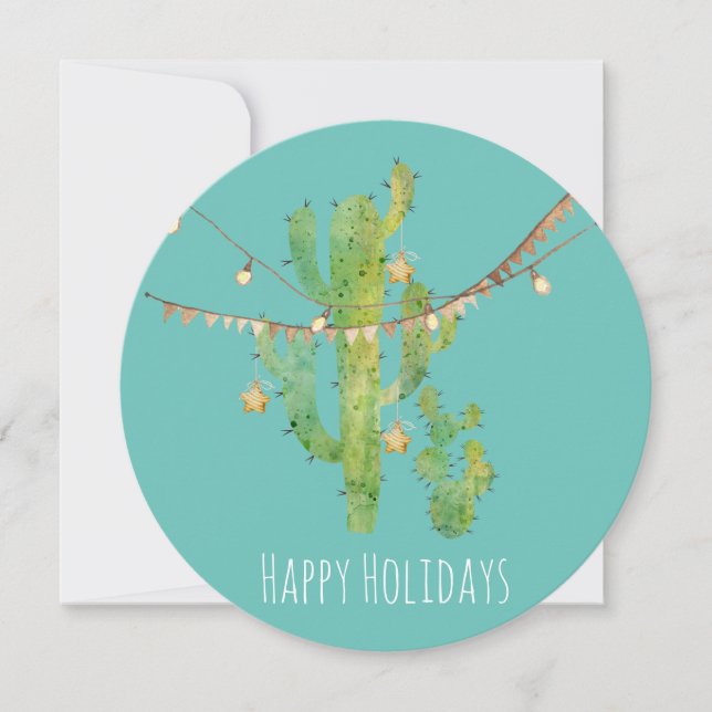 Carte de Noël ronde Cactus et lumières aquarelle (Devant)