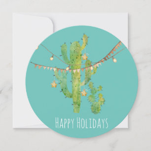 Carte de Noël ronde Cactus et lumières aquarelle