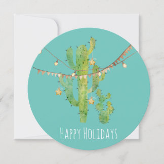 Carte de Noël ronde Cactus et lumières aquarelle