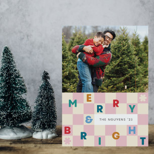 Carte de Noël rose à damier Joyeux & Lumineux