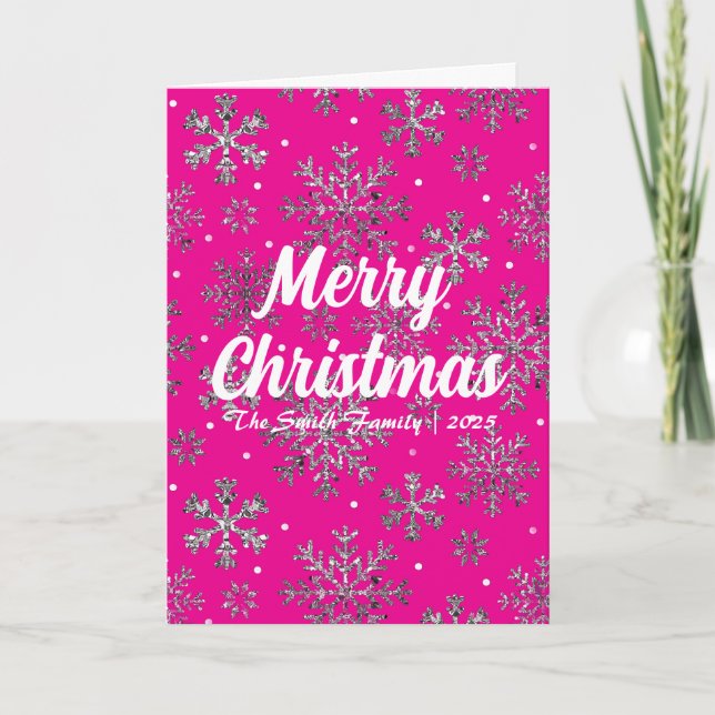 Carte de Noël rose élégante avec Snowflakes (Devant)