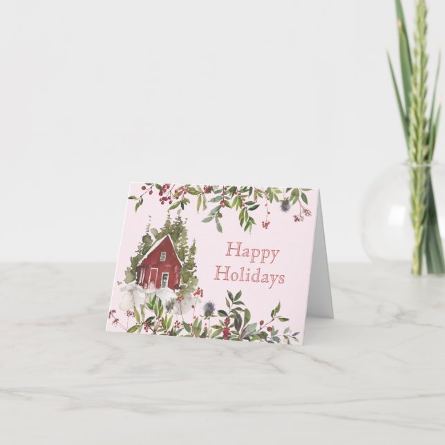 Carte de Noël rose Folithe d'hiver et Berries (Devant)