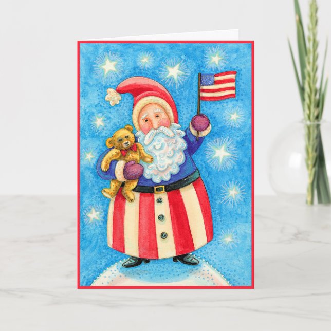 Carte de Noël : Santa Claus américain avec drapeau (Devant)