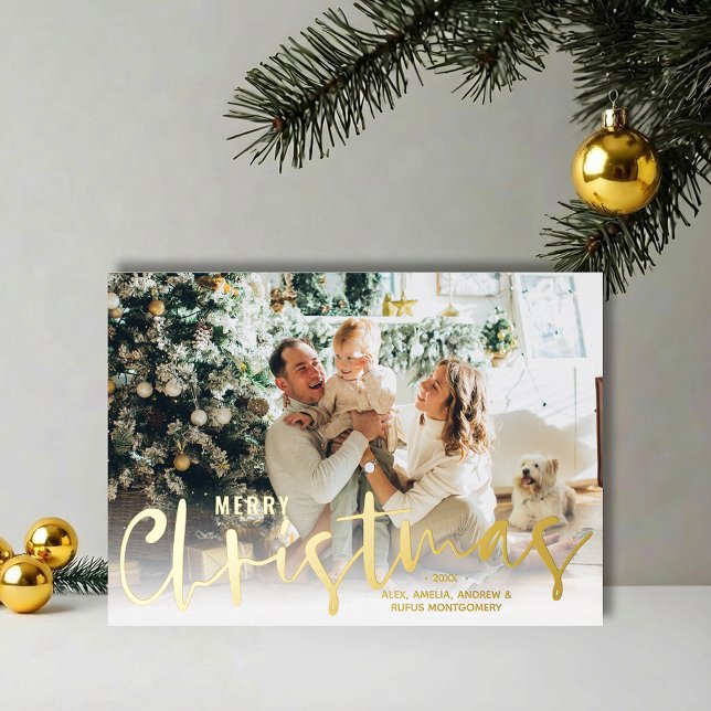 Carte de Noël Script Or Photo (REAL GOLD FOIL Merry Christmas script photo holiday greeting cards)
