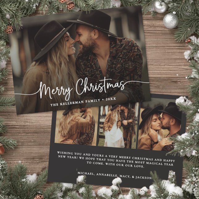 Carte de Noël Script Rustique Élégant Photo  (Merry Christmas Script Rustic Elegant Photo Holiday Card )