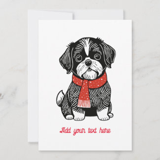 Carte de Noël Shih Tzu style Linocut rétro