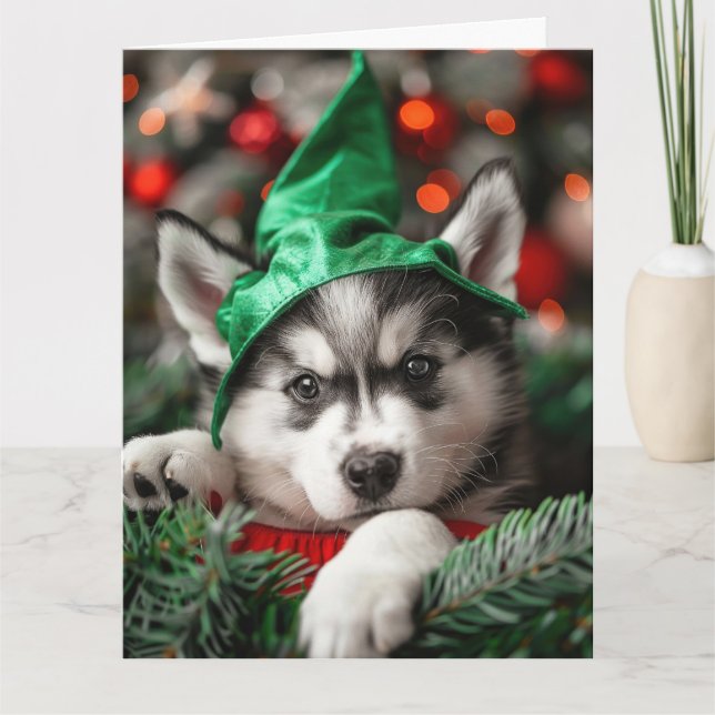 Carte de Noël Sibérienne Husky Elf Puppy (Devant)