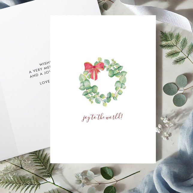 Carte de Noël simple Watercolor Botanique Wreath (Christmas cards watercolor wreath with red bow art by Victoria Grigaliunas Do Tell A Belle)