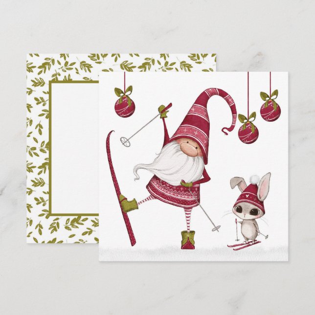 Carte de Noël Skiing Gnome et Bunny Christmas (Devant / Derrière)