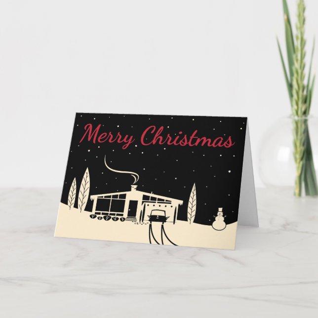 Carte de Noël Snowscape du milieu du siècle : Noir (Devant)