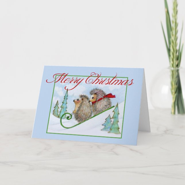 Carte de Noël Snowy Hedgehog Sled (Devant)