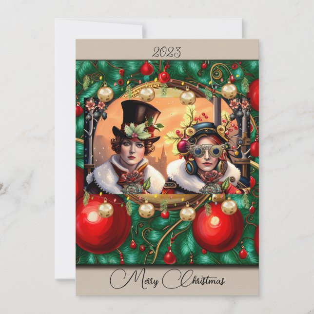 Carte de Noël Steampunk à plat pour deux cœurs (Devant)