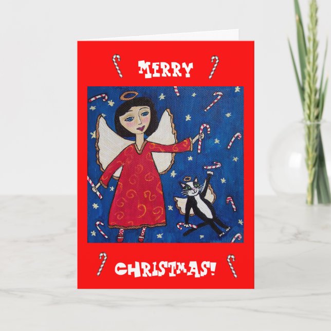 Carte de Noël sucre de canne Angel et Chat (Devant)