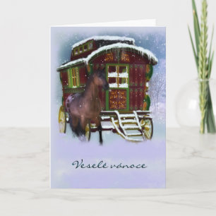 Carte de Noël tchèque - cheval et vieille caravane