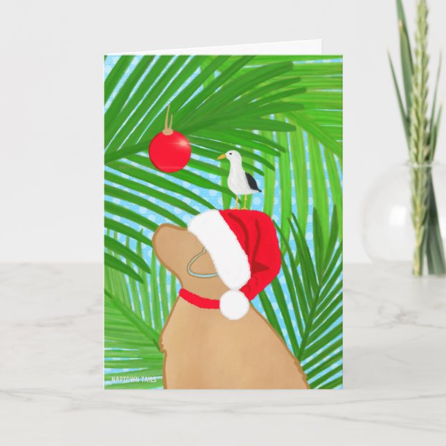 Carte de Noël Tropical Golden Dog Père Noël Seagul (Devant)