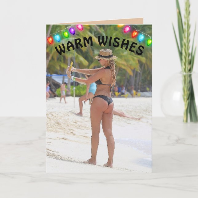 CARTE DE NOËL TROPICALE FILLE EN BIKINI À GROSSES  (Devant)