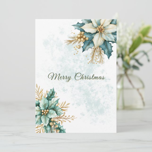 Carte de Noël Turquoise Floral Aquarelle (Debout devant)