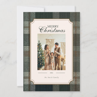 Carte de Noël verte à carreaux et deux photos