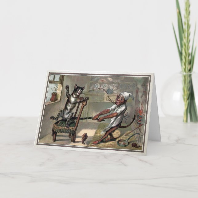 Carte de Noël victorienne Chat et Singe (Devant)