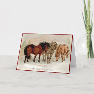 Carte de Noël victorienne Chevaux de pays en neige