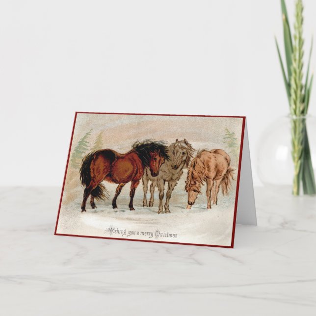 Carte de Noël victorienne Chevaux de pays en neige (Devant)