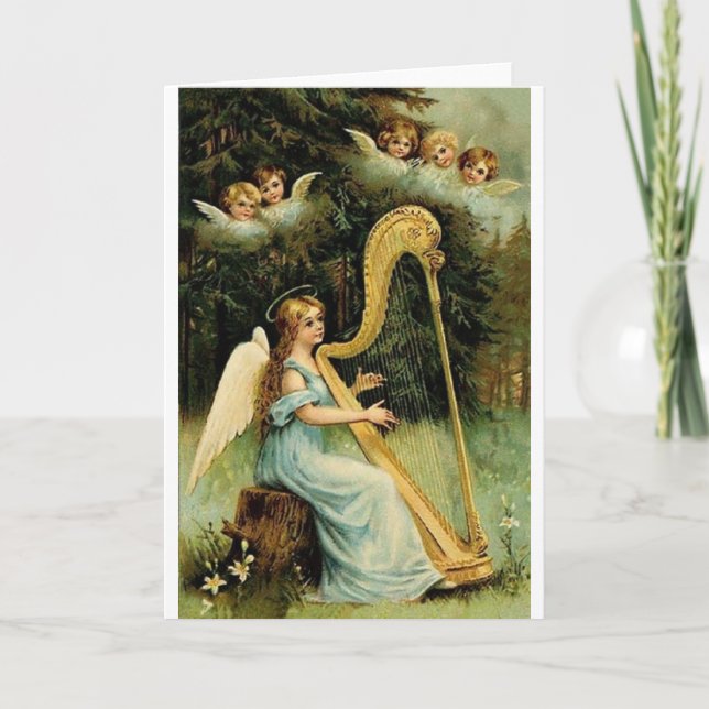 Carte de Noël victorienne de harpiste d'ange (Devant)