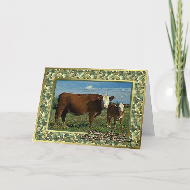 Carte De Noël Vide Vache Et Veau Hereford (Devant)