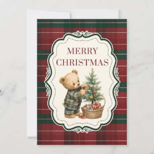 Carte de Noël vintage à carreaux avec ours en pelu