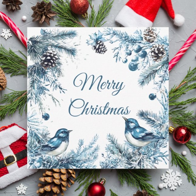 Carte de Noël vintage aux oiseaux bleus et pins (Créateur téléchargé)