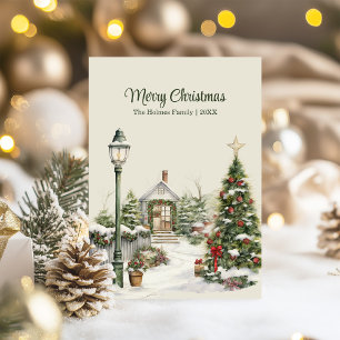 Carte de Noël Vintage avec Arbre et Cottage