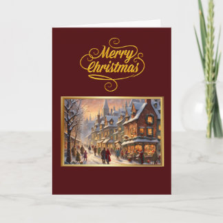 Carte de Noël Vintage avec ville enneigée