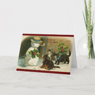 Carte de Noël vintage bonhomme de neige et chats