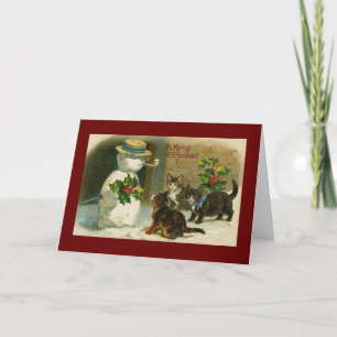 Carte de noël vintage bonhomme de neige et chats