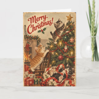 Carte de Noël vintage drôle de chat | Noël rétro