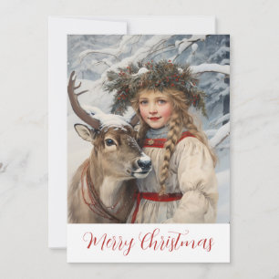 Carte de Noël vintage fille et renne