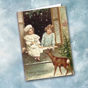 Carte de Noël Vintage Filles et Cerfs